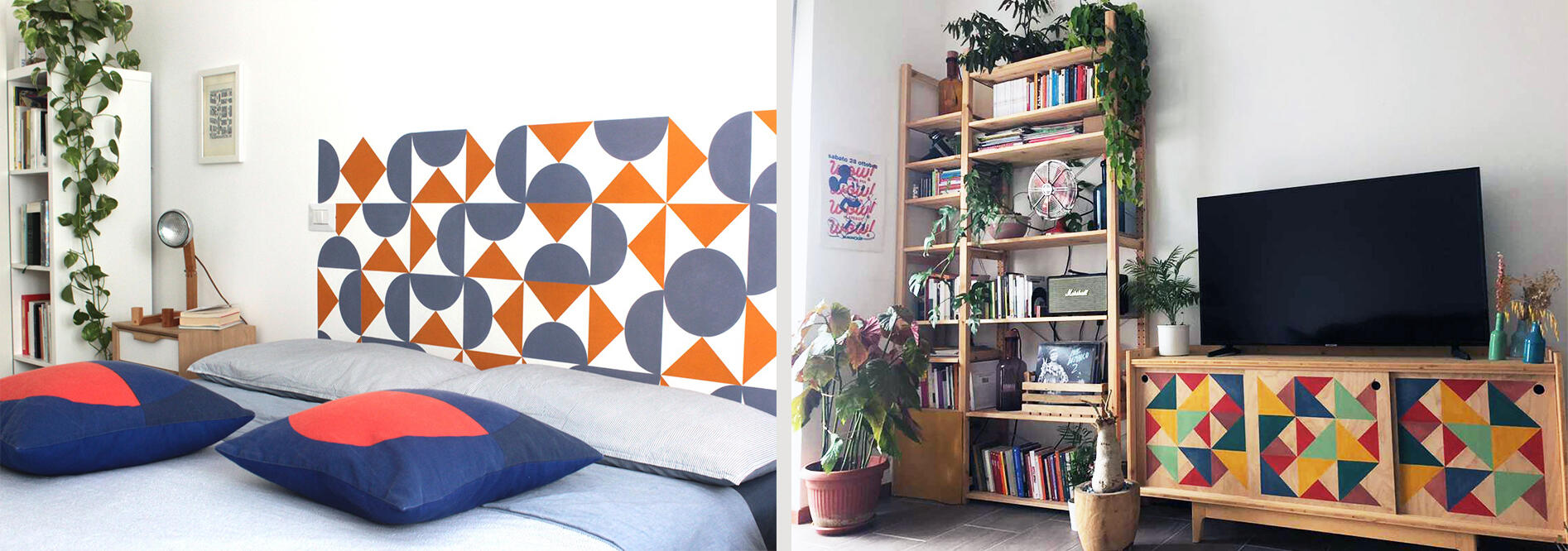 testata del letto decorata a mano su parete e mobile in legno personalizzato con motivo geometrico dipinto a mano